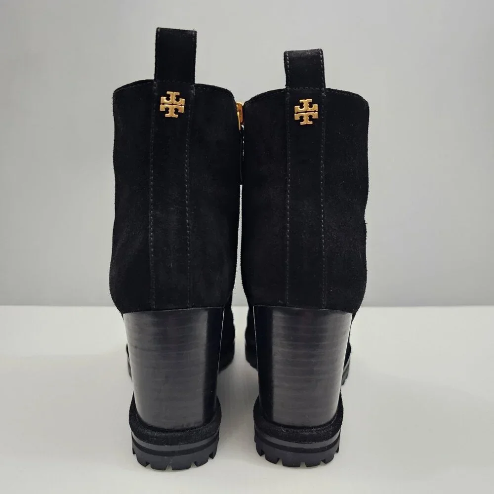 Tory Burch Suede Logo Wedge Ankle Boot Womens 8.5 Black Suede Lug Sole Designer